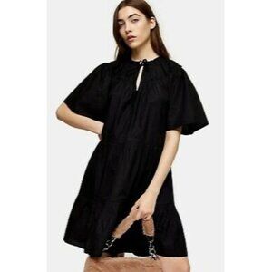 Topshop Women Smocked Poplin Babydoll Mini Dress Tiered Ruffles Black size US 8